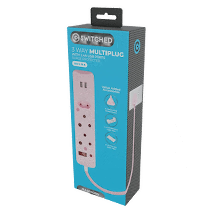 Switched 3-Way Surge Multiplug with Dual USB 2.4A & 0.5m Braided Cord – Pink - Image 3
