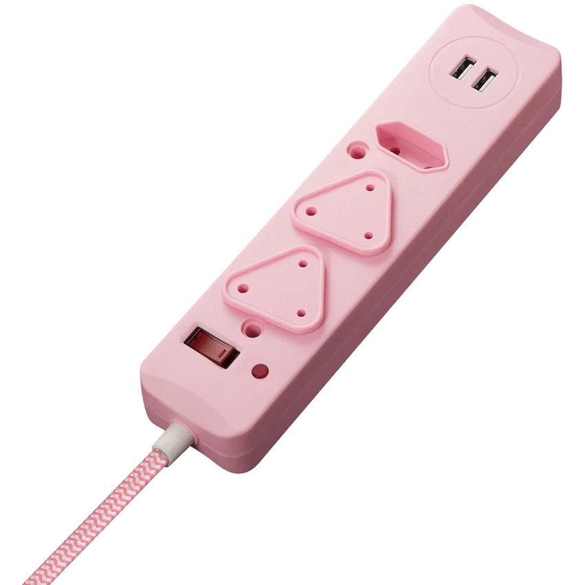 Switched 3-Way Surge Multiplug with Dual USB 2.4A & 0.5m Braided Cord – Pink - Image 2
