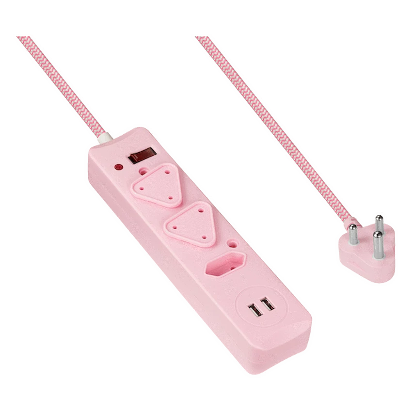 Switched 3-Way Surge Multiplug with Dual USB 2.4A & 0.5m Braided Cord – Pink