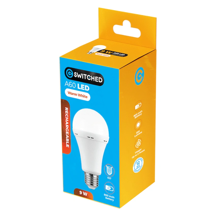 Switched 9w A60 Rechargeable LED Light Bulb - E27 - Warm White - Image 4