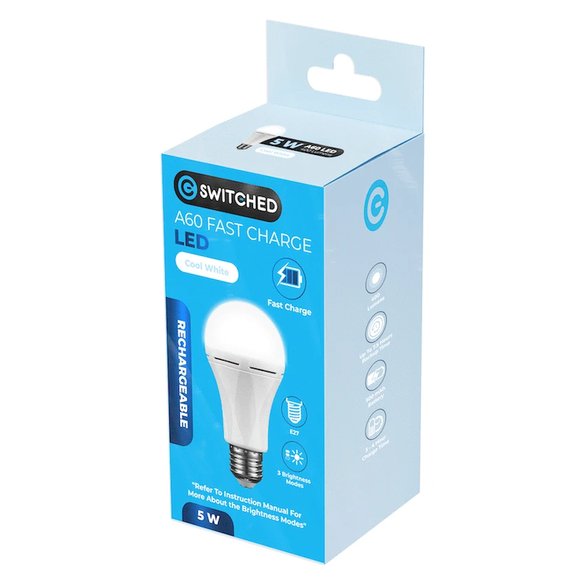 Switched 5w A60 Rechargeable Fast Charge E27 LED - CW - Image 4