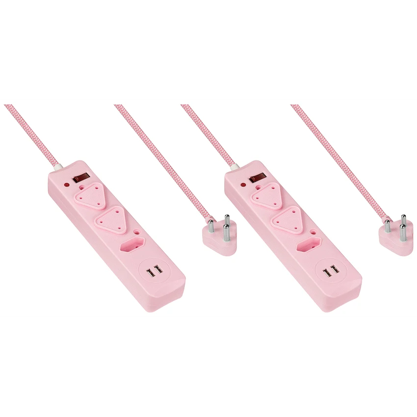 2x 3 Way Surge Multiplug with Dual USBs Pink-3M