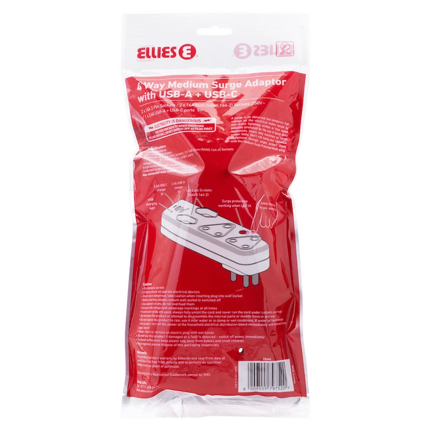 Ellies 4 Way Medium Surge adaptor with type C + USB - Image 6